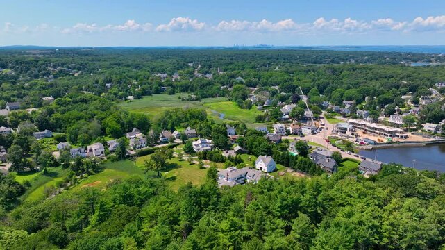 Aerial view of Cohasset Cove including fishing boat in the harbor and Bassing Beach in town of Cohasset, Massachusetts MA, USA. 