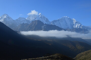 The stunning Khumbu Valley region of Nepal with views of Ama Dablam and Mount Everest in the snowy...