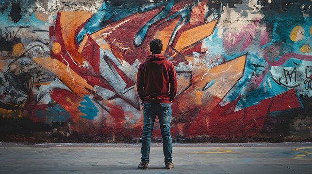 A man standing in front of a large, graffiti-covered wall, deep in thought, with hands in pockets