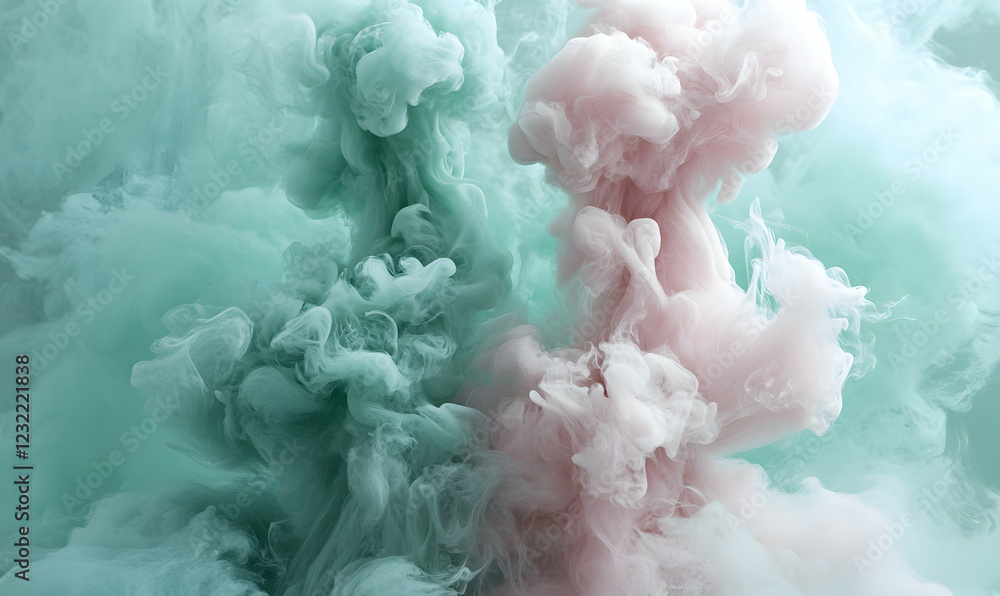 Poster abstract swirls of teal and pink ink in water, creating a mesmerizing blend of colors and textures. 