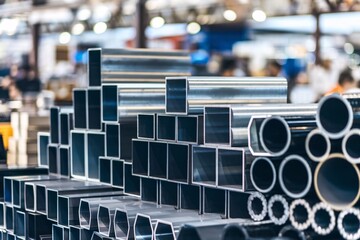 Metal Tubes and Profiles on Workbench. Various metal profiles, tubes, and structural elements displayed on wooden workbench in industrial setting. Collection of round pipes and square tubing.