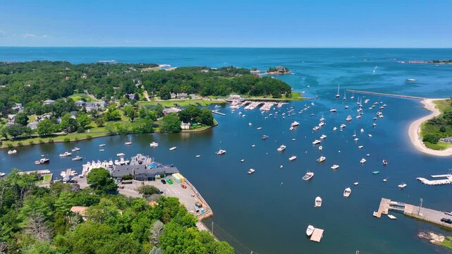 Aerial view of Cohasset Cove including fishing boat in the harbor and Bassing Beach in town of Cohasset, Massachusetts MA, USA. 