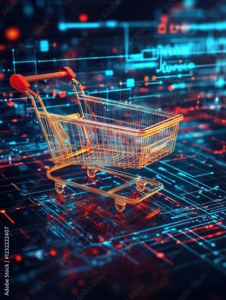 Poster digital background design futuristic e-commerce metrics with shopping cart for online retail analyti