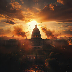 Obraz premium Sunset over the Capitol building creates a dramatic atmosphere. Generative AI