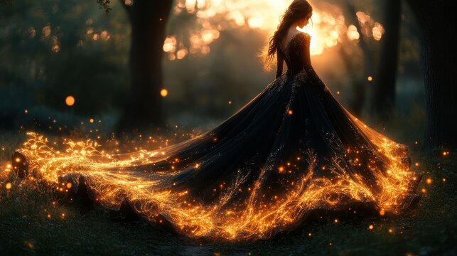 Woman in fiery gown, sunset forest, magic, fantasy art