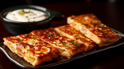 Tortilla Espa&ntilde;ola (Spanish omelette): A thick, golden Spanish omelet sliced into wedges, with layers of potatoes and onions, served on a ceramic plate with a side of aioli.