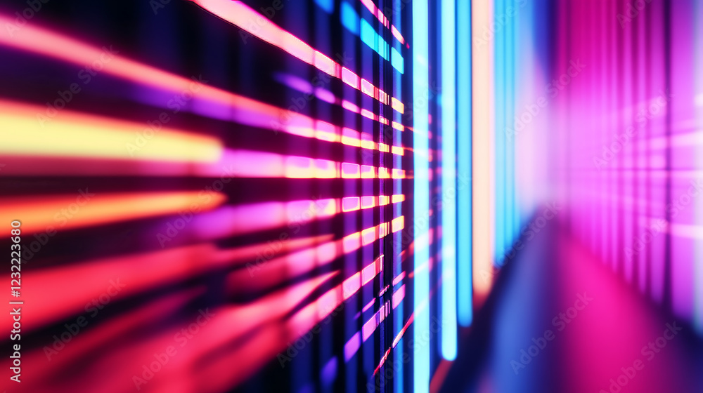 Poster neon audio voice frequency wave and abstract sound light vector background. radio pulse effect curve
