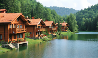 Obraz premium Idyllic lakeside log cabins nestled amongst lush green forests, showcasing stunning natural beauty and tranquil waterfront living.