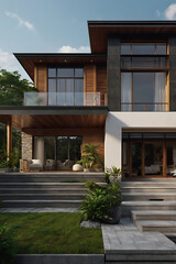Obraz premium Modern Architectural Design: Luxurious House Exterior with Stunning Landscaping