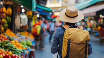 Adventurous traveler relishes in a lively market atmosphere with hat and backpack