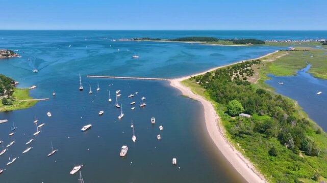 Aerial view of Cohasset Cove including fishing boat in the harbor and Bassing Beach in town of Cohasset, Massachusetts MA, USA. 