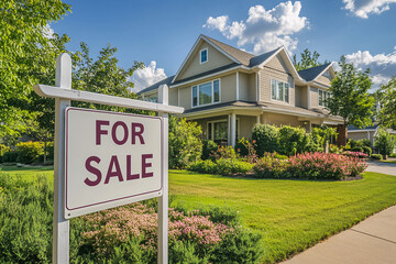 A property selling concept featuring a white "For Sale" sign in front of a house with a spacious, well-maintained yard. Perfect for real estate or advertising use