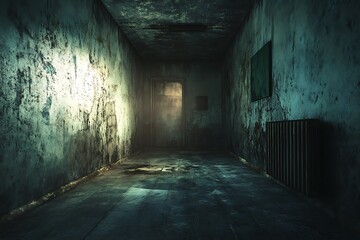 A 3D rendering of an unoccupied concrete room with poorly lit walls establishes a shadowy and gritty ambiance.