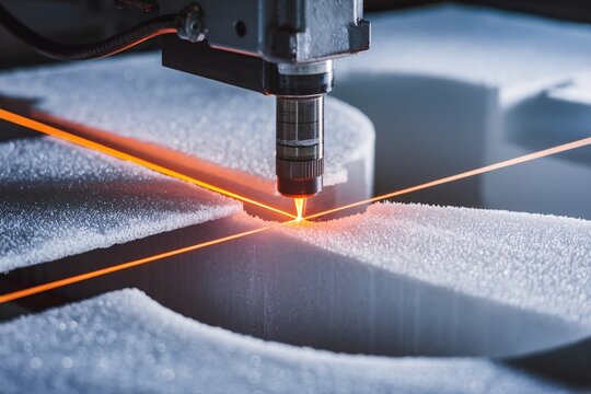 Precision Cutting of Polystyrene. A close-up shot of a CNC machine cutting a block of white polystyrene foam. The machine's hot wire precisely melts through the material, creating a clean cut.