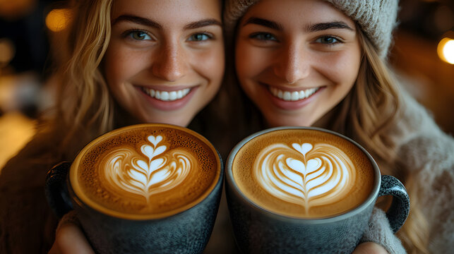 Two Friends Enjoying Latte Art in a Cozy Café
