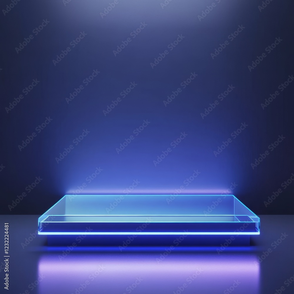Poster minimalist display platform with blue neon lighting in studio setting