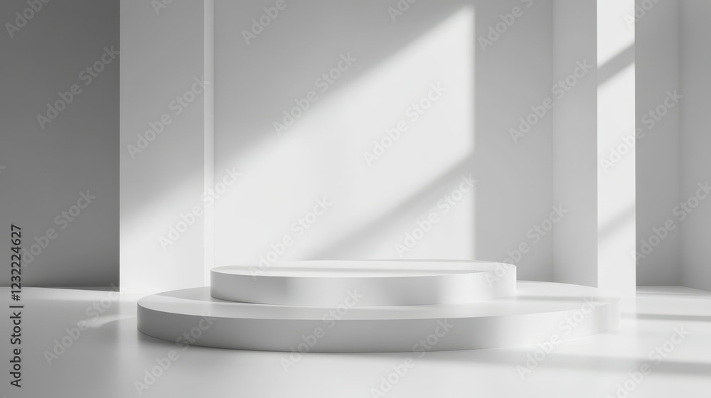 Poster modern minimalist studio space with circular stages and shadows