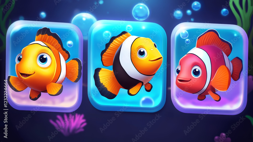 Poster underwater game ui interface with fish slot icon. match 3 element with button cute cartoon vector mo