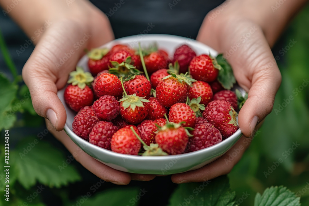 Wall mural A person is holding a bowl full of red strawberries