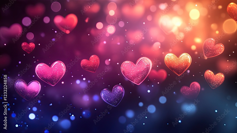 Poster a dreamy, abstract background with soft glowing hearts in various sizes, creating a whimsical and ro