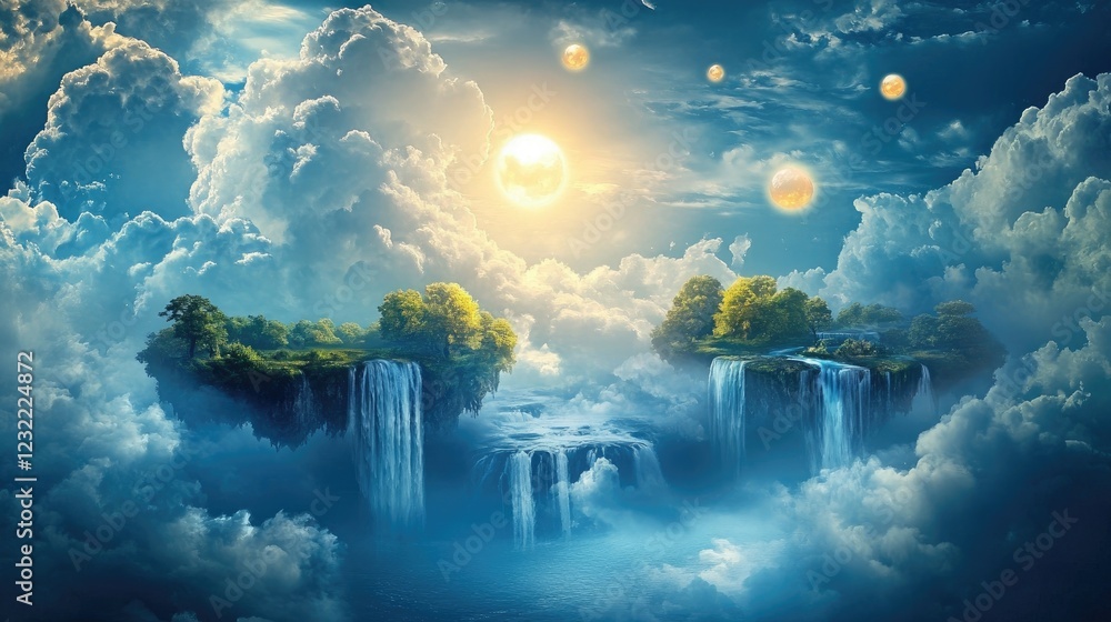 Poster a dreamlike sky filled with floating islands, with waterfalls cascading into the clouds below and gl