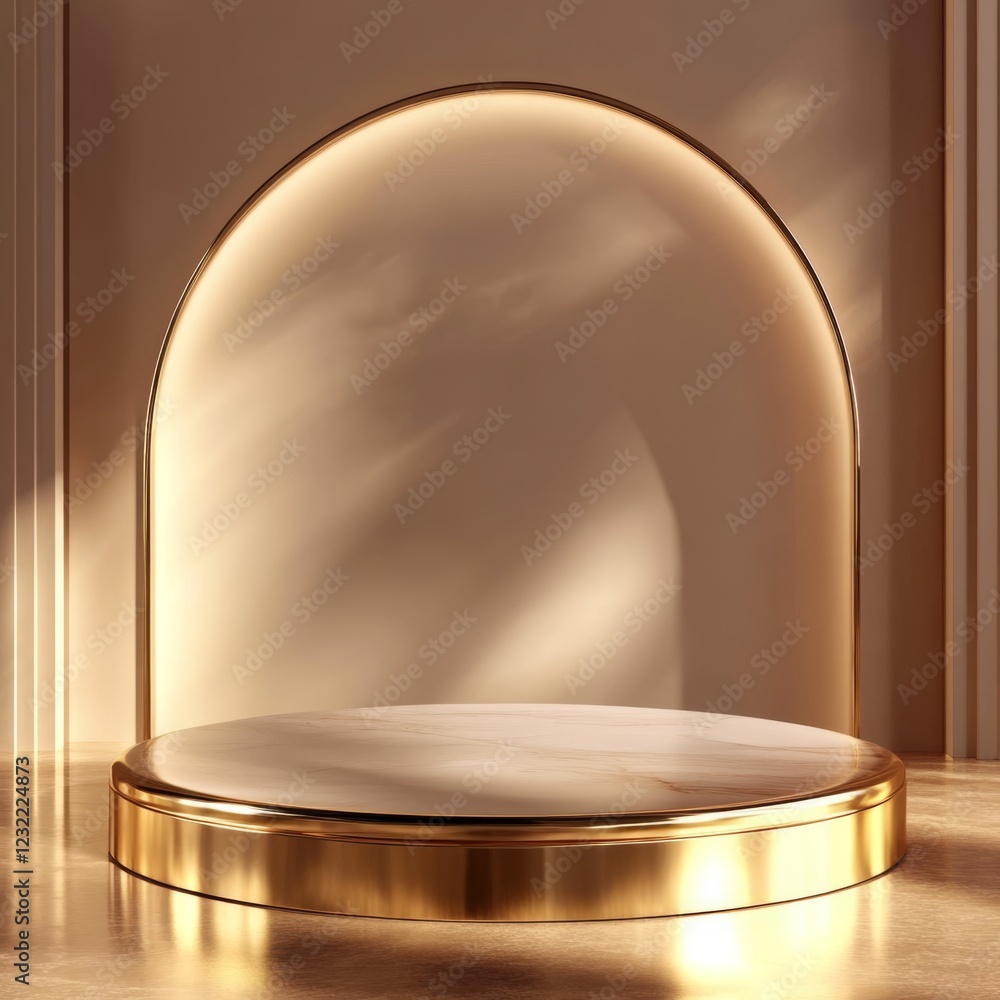Poster elegant backdrop with curved arch and marble display stand