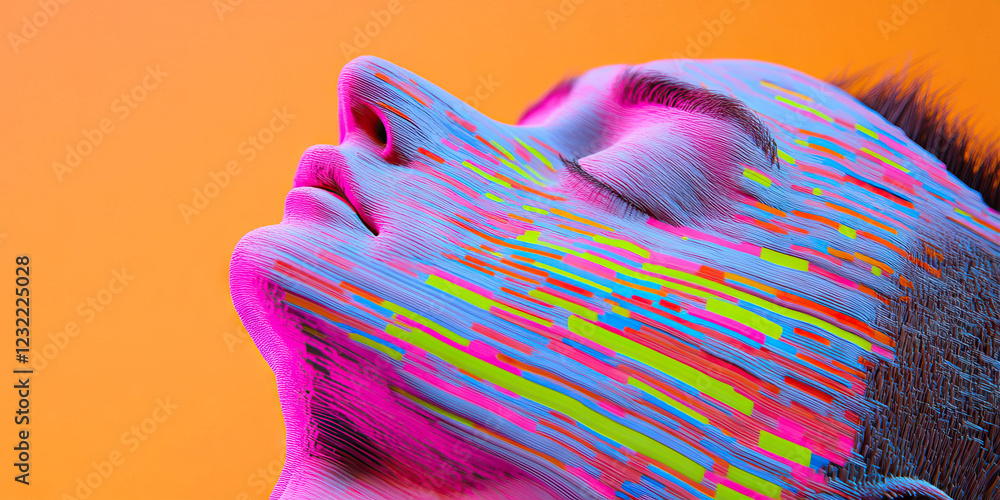 Poster digital rendering of a face with multicolored strokes