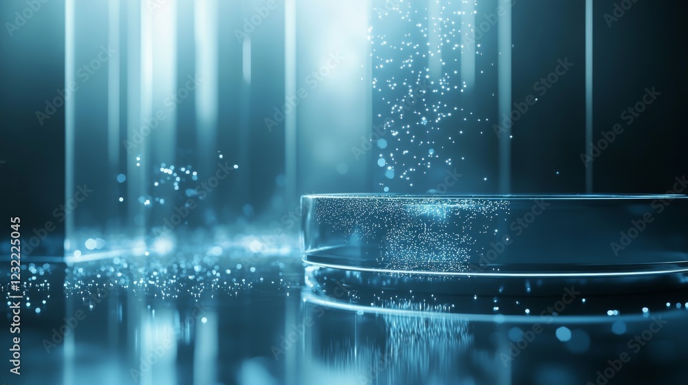 Poster abstract blue background with light effects and floating particles