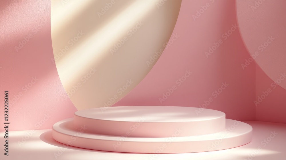 Poster soft pink color background with abstract geometric shapes in studio