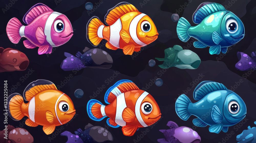 Poster underwater game ui interface with fish slot icon. match 3 element with button cute cartoon vector mo