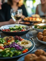 Friends meeting at a vegan dinner with hummus, falafels and vegetables