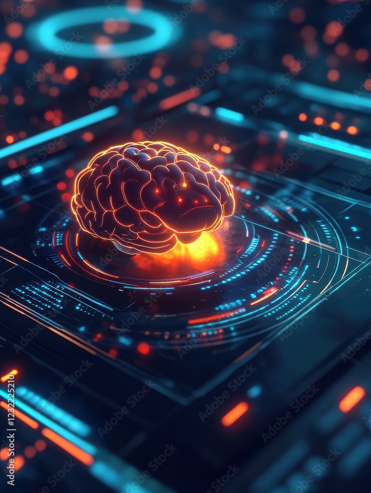 Poster visualization of an ai chatbot concept, featuring a glowing brain integrated into a sleek digital as