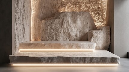 Elegant Minimalist Interior with Stone Wall and Soft Lighting
