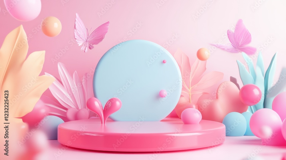Poster colorful 3d scene with abstract shapes and textured elements