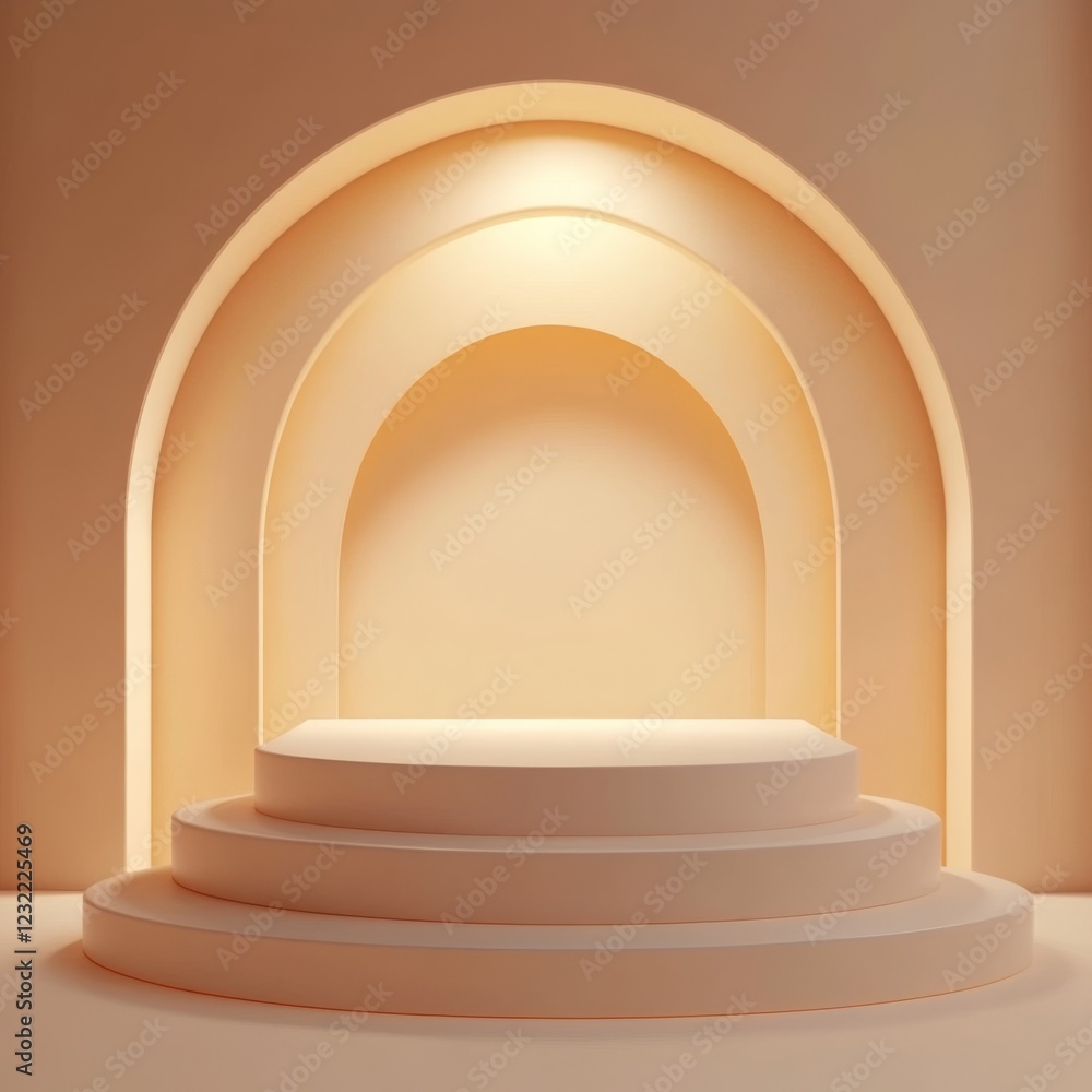 Poster minimalistic display stage with soft lighting and arch design