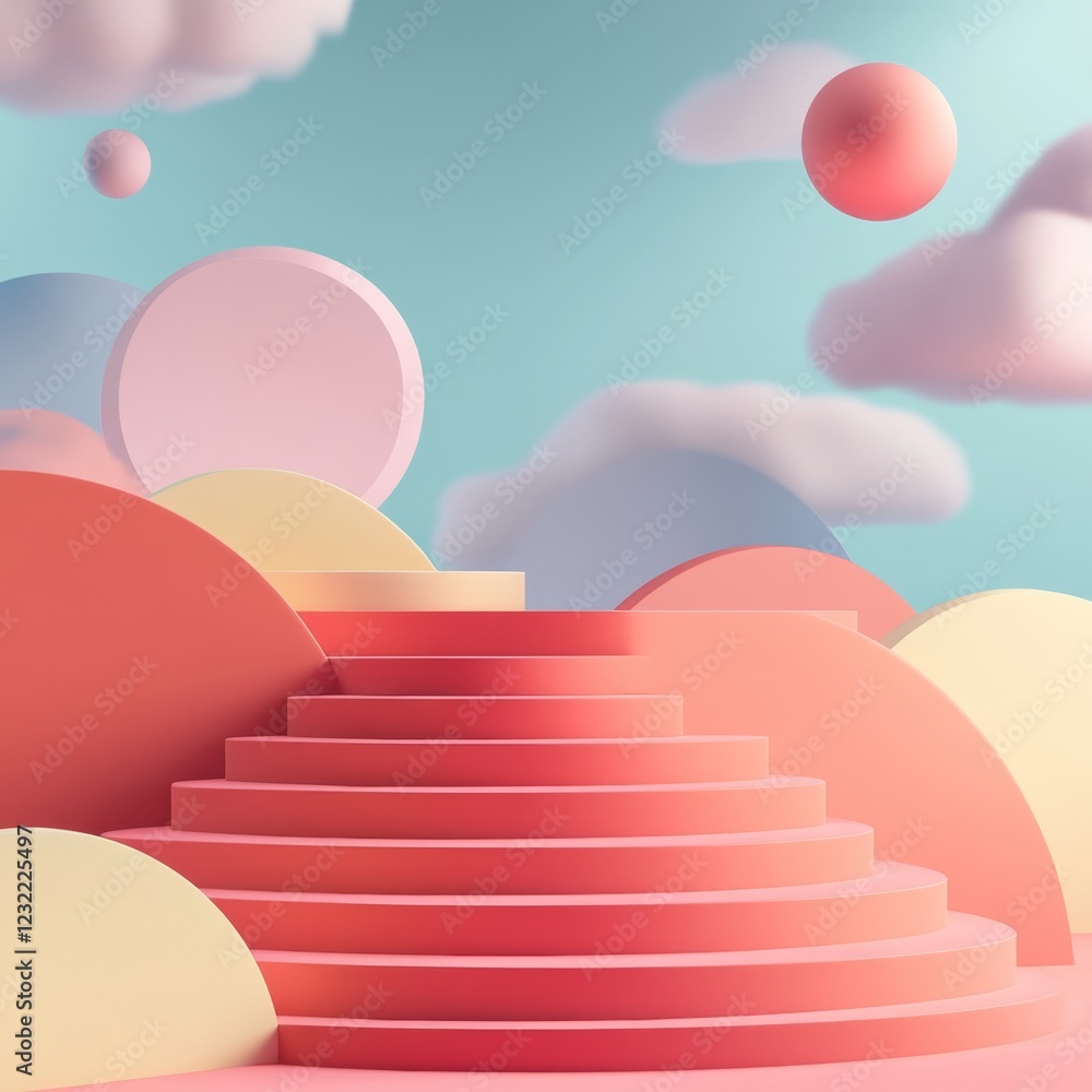 Poster abstract pastel scene with geometric shapes and dreamy clouds