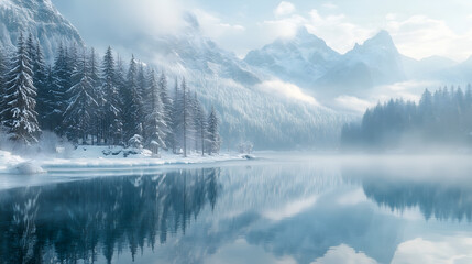 serene lake surrounded by snow-covered mountains and dense forests shrouded in mis