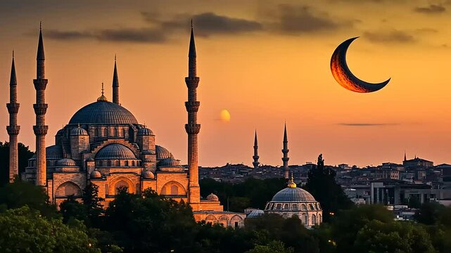 Majestic sunset over Istanbul showcasing a crescent moon and historic mosques amidst vibrant skies