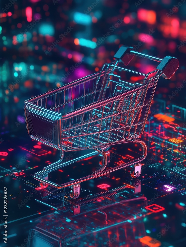Poster digital background design futuristic e-commerce metrics with shopping cart for online retail analyti