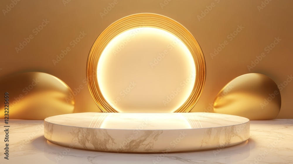 Poster elegant studio set with soft lighting and marble platform design