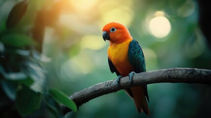 Sun Conure Perched on Branch in Lush Forest