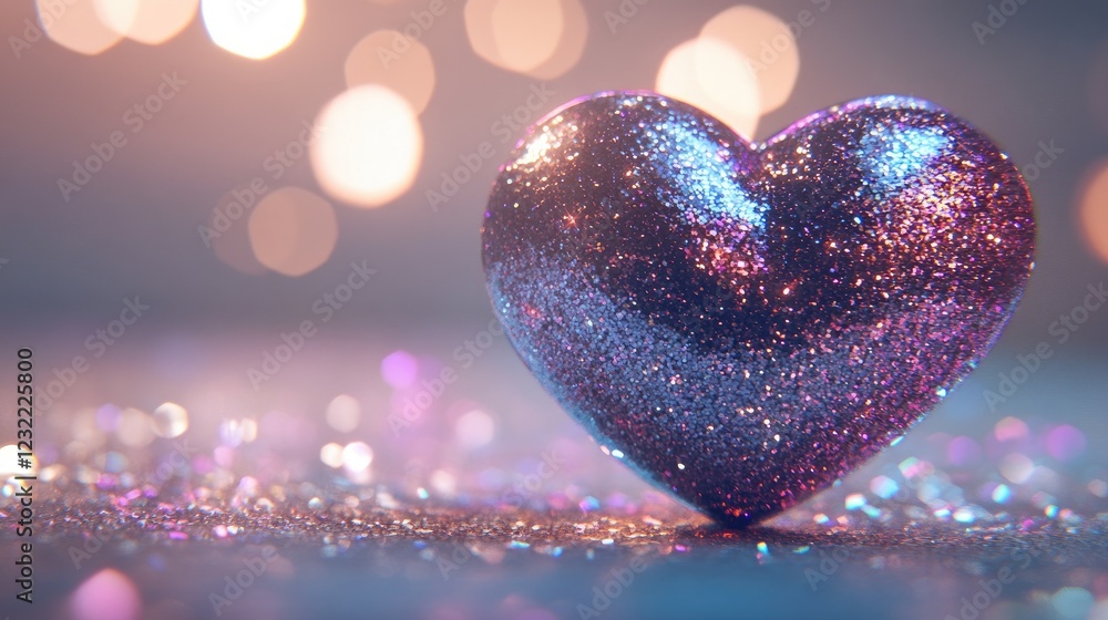 Poster a heart-shaped pattern of glitter and sparkles on a light surface, with soft glowing lights creating