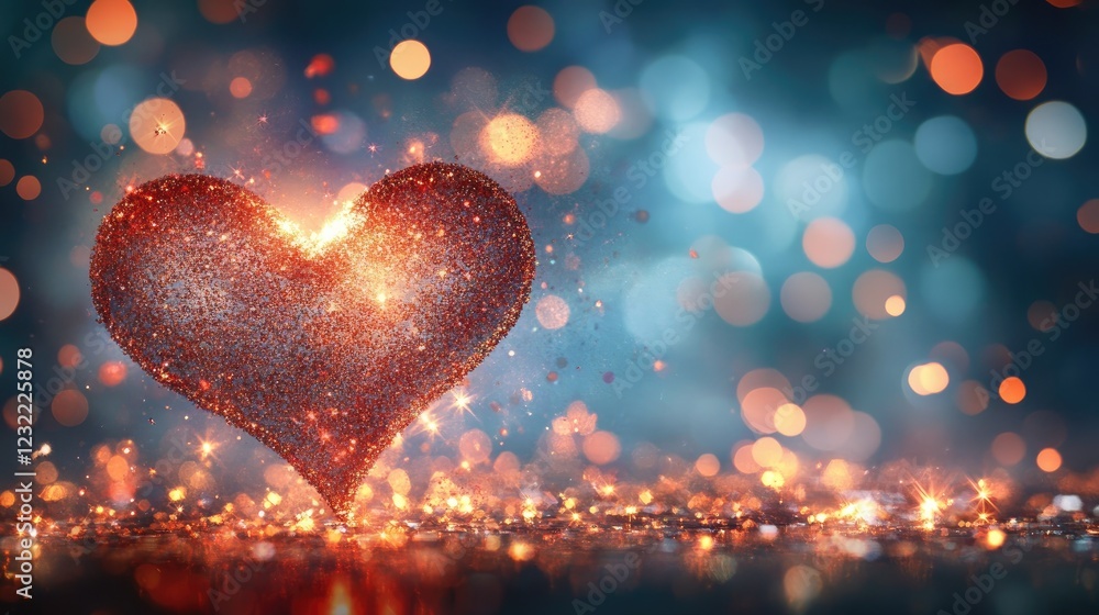 Poster a heart-shaped pattern of glitter and sparkles on a light surface, with soft glowing lights creating