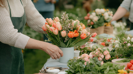 Florist arranging fresh tulip bouquet at an outdoor flower market for Women&rsquo;s Day
