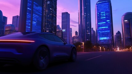 Futuristic Cityscape at Twilight: Electric Car Cruise