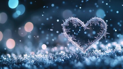 Fototapeta premium A heart-shaped snowflake gently falling on a dark background, with soft bokeh lights creating a magical winter scene.