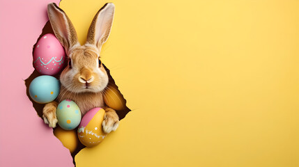 un conejo de pascua saliendo de un agujero de la pared rota junto con sus huevos de pascua...