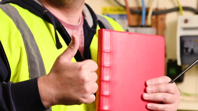 Engineer in front of electricity meter indoors with a red notebook showing thumb up. Increasing the electricity bills