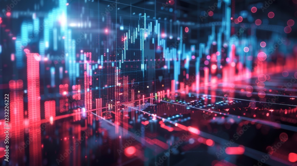 Aufkleber Colorful digital graphic displays stock market data with dynamic graphs illustrating rising and falling trends. The background offers a futuristic ambiance emphasizing finance.