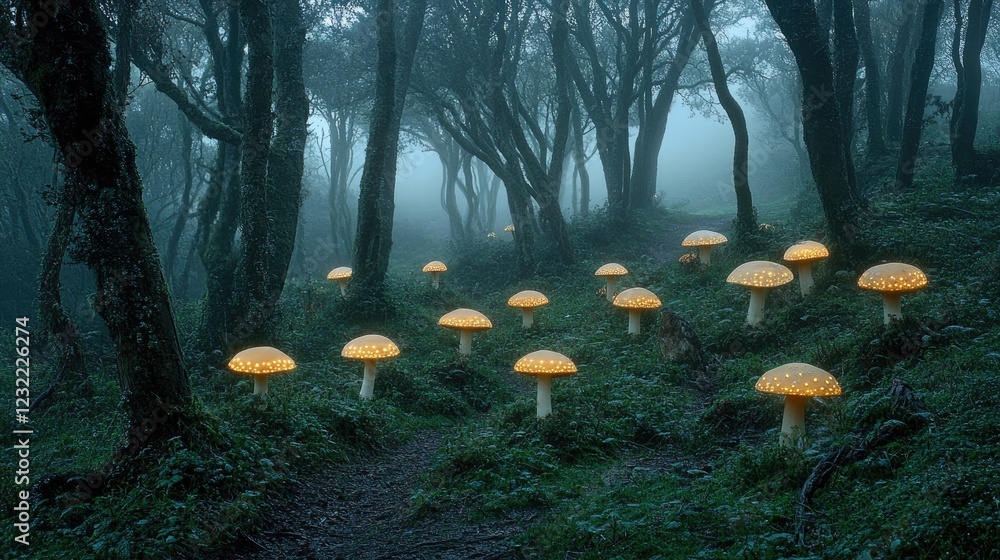 Poster a magical misty forest with softly glowing mushrooms and trees covered in shimmering vines, creating